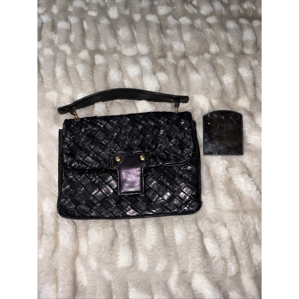 Vintage Black Leather Woven Handbag Clutch With Vintage Mirror Single Handle